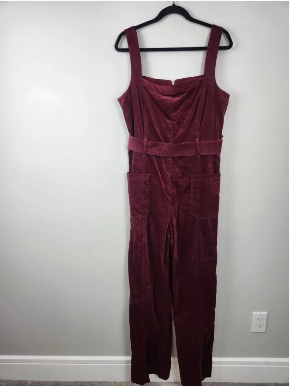Anthropologie Pilcro Burgundy Leather Corduroy Jumpsuit Overalls Wide Leg Sz 12